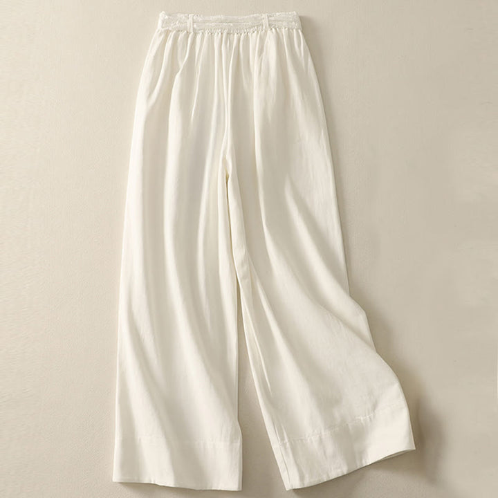 Pantalones de algodón de pierna ancha con bolsillos y cinturón de encaje de color liso para mujer de Buddha Stones Daily - image 8