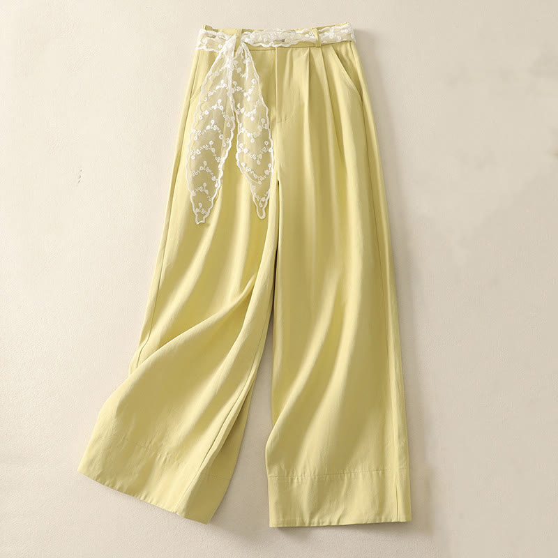 Pantalones de algodón de pierna ancha con bolsillos y cinturón de encaje de color liso para mujer de Buddha Stones Daily - Amarillo claro - US8-10，UK/AU12-14，EU40-42 (2XL) - image 23