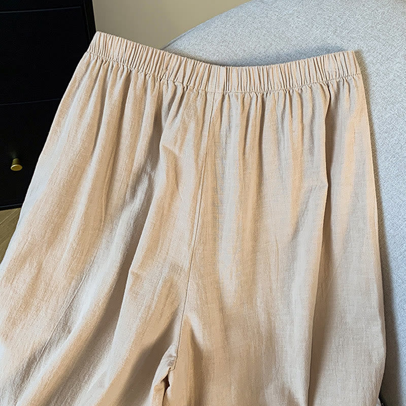 Pantalones anchos de lino y algodón con bordado beige de Buddha Stones para mujer, con bolsillos - image 6