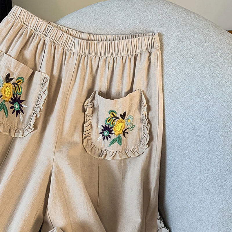 Pantalones anchos de lino y algodón con bordado beige de Buddha Stones para mujer, con bolsillos - image 5