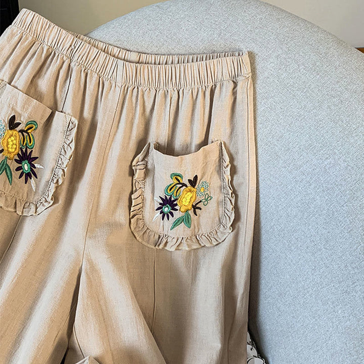 Pantalones anchos de lino y algodón con bordado beige de Buddha Stones para mujer, con bolsillos - image 5