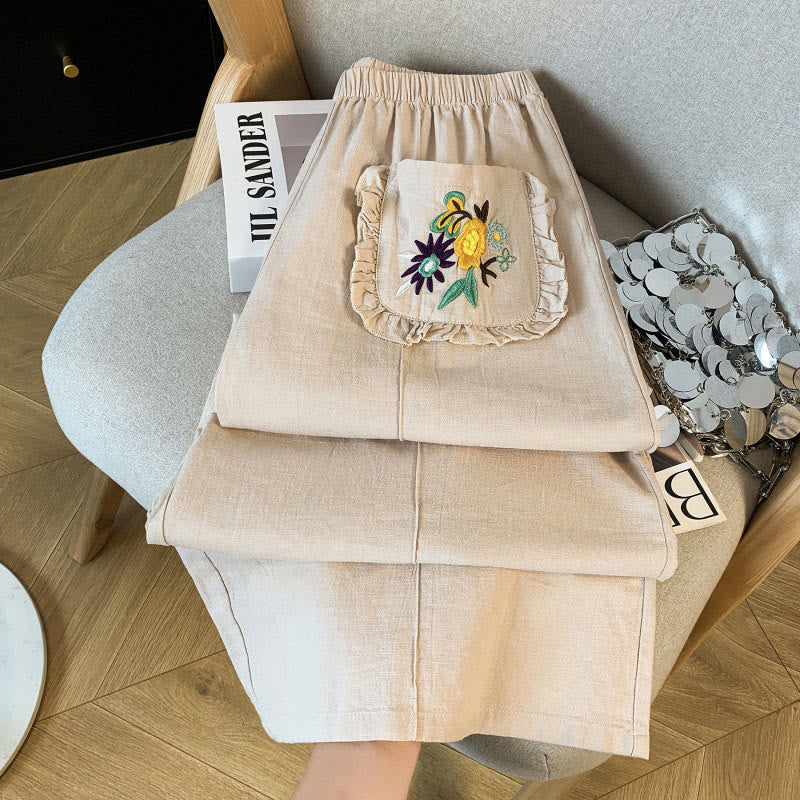 Pantalones anchos de lino y algodón con bordado beige de Buddha Stones para mujer, con bolsillos - image 3
