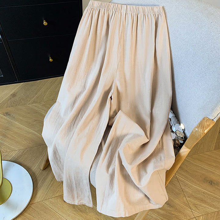 Pantalones anchos de lino y algodón con bordado beige de Buddha Stones para mujer, con bolsillos - image 1