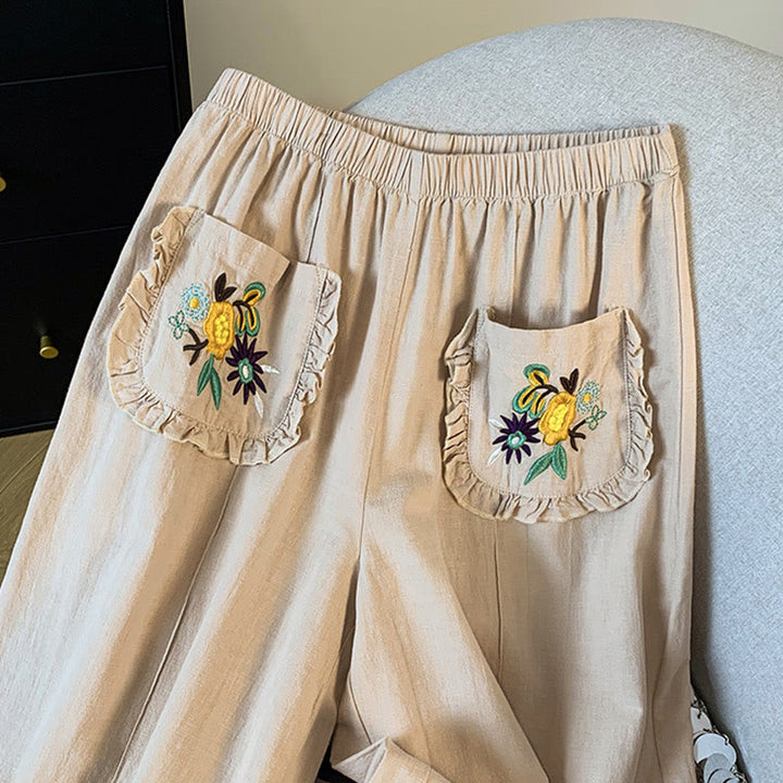 Pantalones anchos de lino y algodón con bordado beige de Buddha Stones para mujer, con bolsillos - image 4