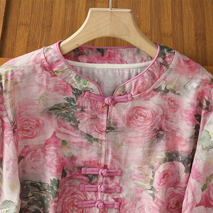 Camisa de algodón de manga tres cuartos para mujer con estampado floral liso y botones de rana estilo chino con Buddha Stones - image 8