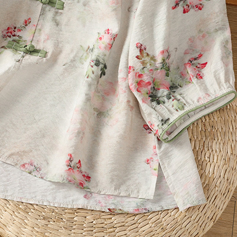 Camisa de algodón de manga tres cuartos para mujer con estampado floral liso y botones de rana estilo chino con Buddha Stones - image 5