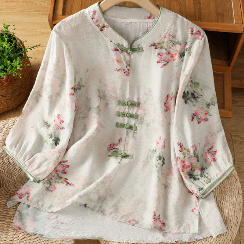 Camisa de algodón de manga tres cuartos para mujer con estampado floral liso y botones de rana estilo chino con Buddha Stones - Blanco - US12, UK/AU16, EU44 (2XL) - image 0