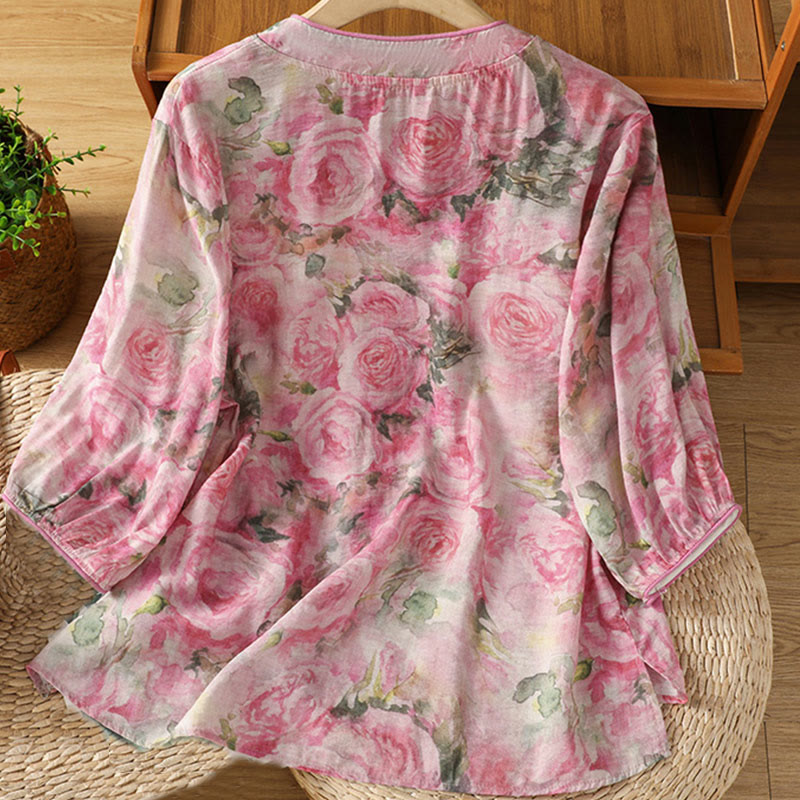 Camisa de algodón de manga tres cuartos para mujer con estampado floral liso y botones de rana estilo chino con Buddha Stones - image 7