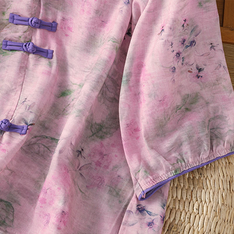 Camisa de algodón de manga tres cuartos para mujer con estampado floral liso y botones de rana estilo chino con Buddha Stones - image 19