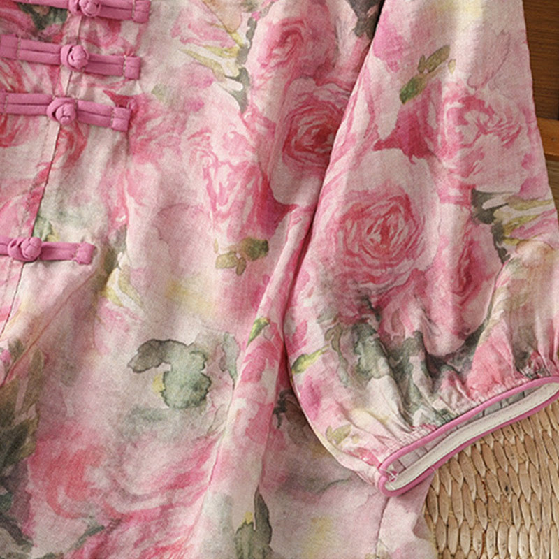 Camisa de algodón de manga tres cuartos para mujer con estampado floral liso y botones de rana estilo chino con Buddha Stones - image 11