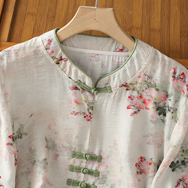 Camisa de algodón de manga tres cuartos para mujer con estampado floral liso y botones de rana estilo chino con Buddha Stones - image 2