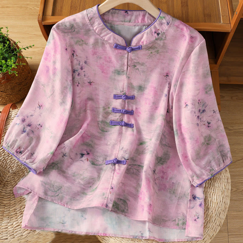 Camisa de algodón de manga tres cuartos para mujer con estampado floral liso y botones de rana estilo chino con Buddha Stones - Violeta - US12, UK/AU16, EU44 (2XL) - image 15