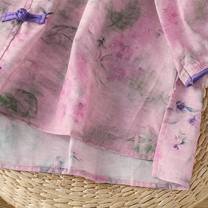 Camisa de algodón de manga tres cuartos para mujer con estampado floral liso y botones de rana estilo chino con Buddha Stones - image 20