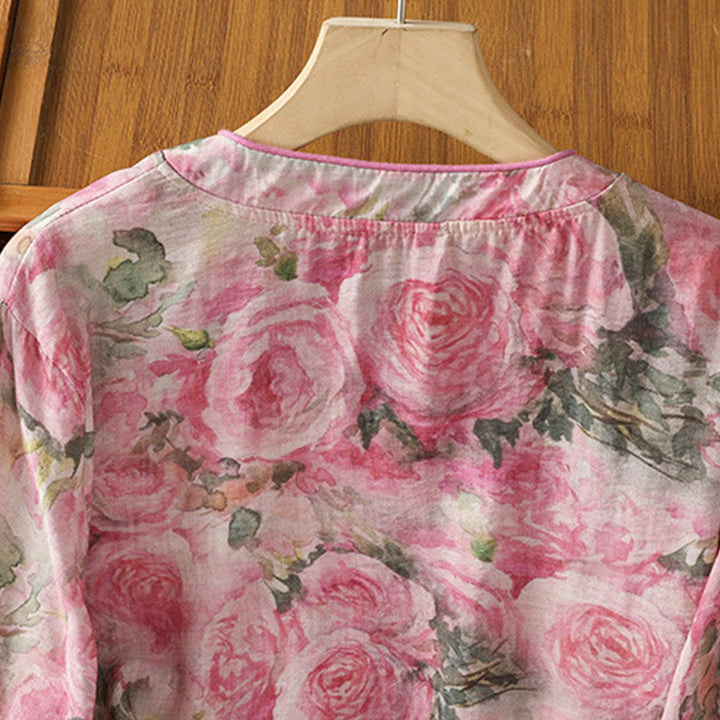 Camisa de algodón de manga tres cuartos para mujer con estampado floral liso y botones de rana estilo chino con Buddha Stones - image 9