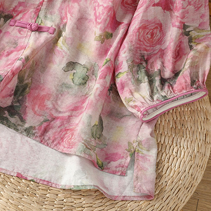 Camisa de algodón de manga tres cuartos para mujer con estampado floral liso y botones de rana estilo chino con Buddha Stones - image 13