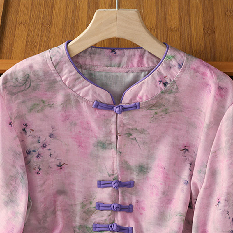 Camisa de algodón de manga tres cuartos para mujer con estampado floral liso y botones de rana estilo chino con Buddha Stones - image 17