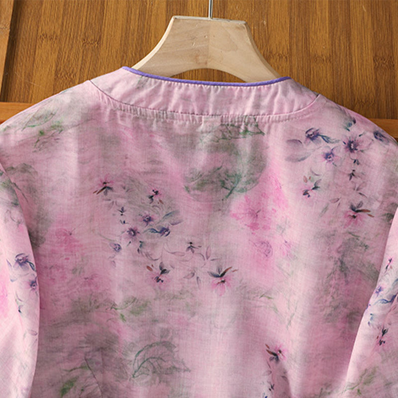 Camisa de algodón de manga tres cuartos para mujer con estampado floral liso y botones de rana estilo chino con Buddha Stones - image 18