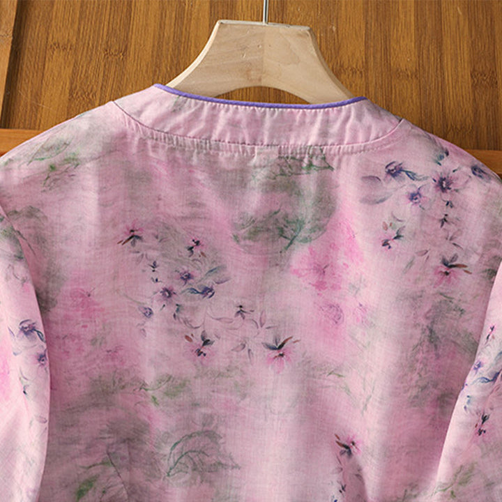 Camisa de algodón de manga tres cuartos para mujer con estampado floral liso y botones de rana estilo chino con Buddha Stones - image 18