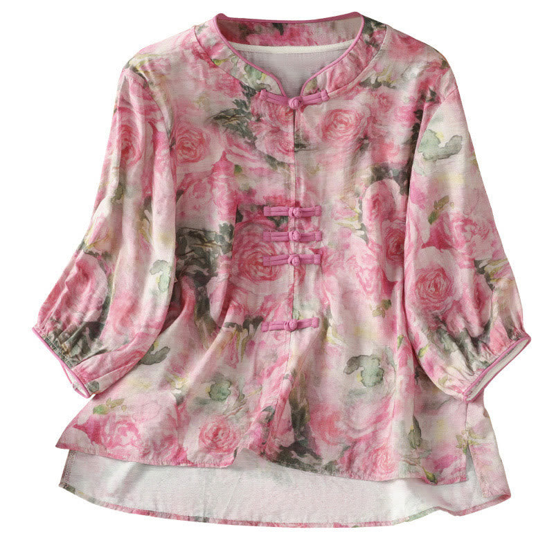 Camisa de algodón de manga tres cuartos para mujer con estampado floral liso y botones de rana estilo chino con Buddha Stones - image 14