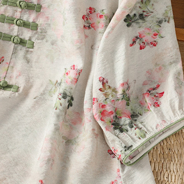 Camisa de algodón de manga tres cuartos para mujer con estampado floral liso y botones de rana estilo chino con Buddha Stones - image 4