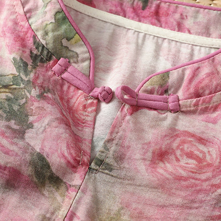 Camisa de algodón de manga tres cuartos para mujer con estampado floral liso y botones de rana estilo chino con Buddha Stones - image 10