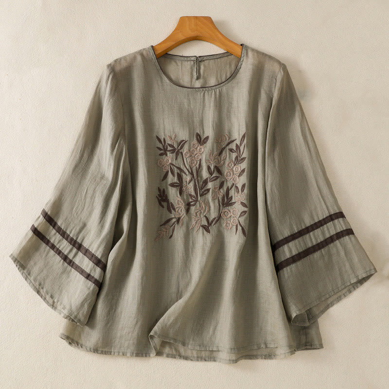 Camiseta de algodón de manga tres cuartos para mujer con bordado floral retro de Buddha Stones - Verde mar oscuro - US14，UK/AU18，EU46 (2XL) - image 8