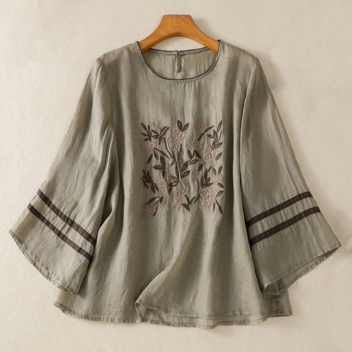 Camiseta de algodón para mujer con bordado floral retro de Buddha Stones, manga tres cuartos - Verde mar oscuro - US14，UK/AU18，EU46 (2XL) - image 8