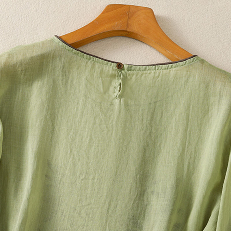 Camiseta de algodón de manga tres cuartos para mujer con bordado floral retro de Buddha Stones - image 19