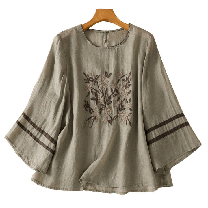 Camiseta de algodón de manga tres cuartos para mujer con bordado floral retro de Buddha Stones - image 15