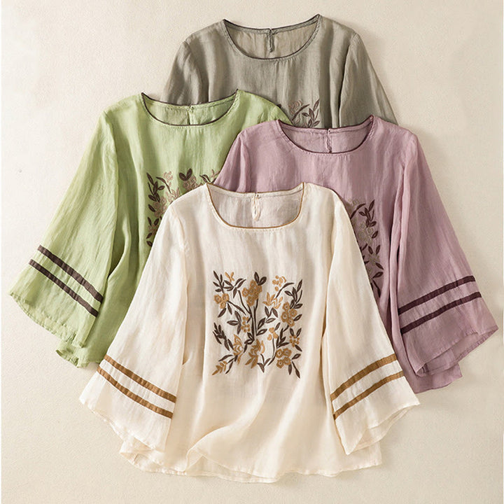 Camiseta de algodón para mujer con bordado floral retro de Buddha Stones, manga tres cuartos - image 31