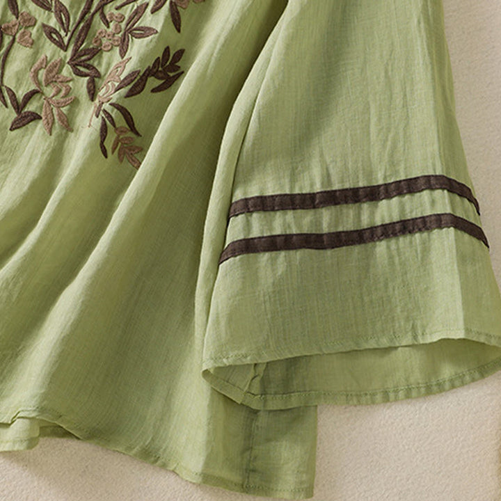 Camiseta de algodón para mujer con bordado floral retro de Buddha Stones, manga tres cuartos - image 21