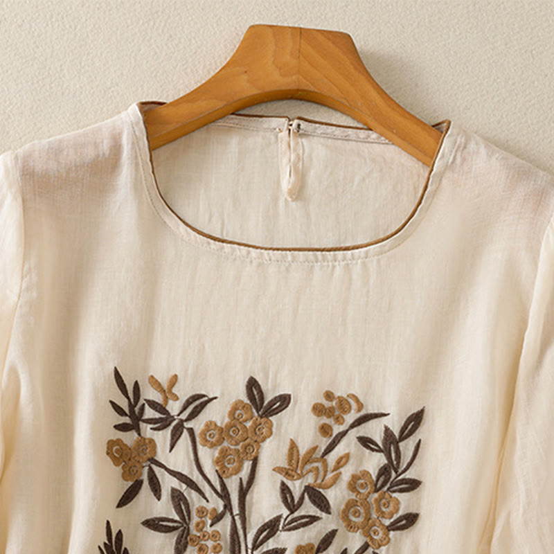 Camiseta de algodón de manga tres cuartos para mujer con bordado floral retro de Buddha Stones - image 2