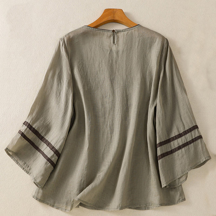 Camiseta de algodón de manga tres cuartos para mujer con bordado floral retro de Buddha Stones - image 9