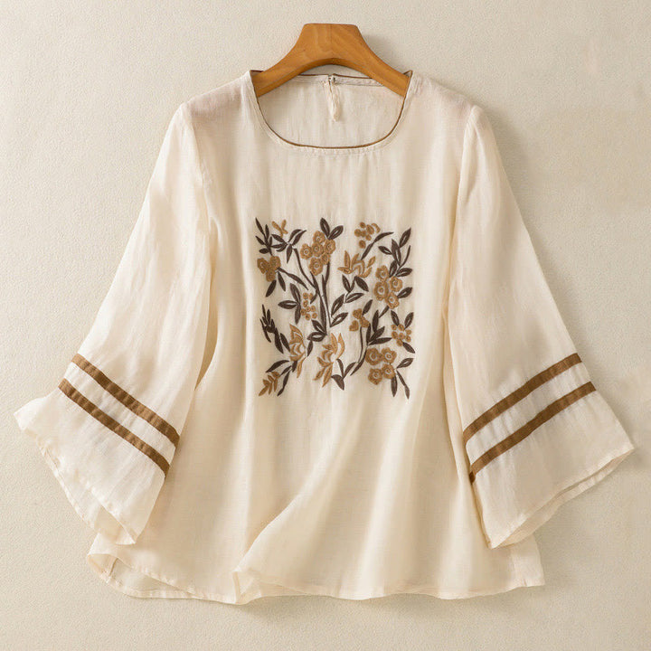 Camiseta de algodón de manga tres cuartos para mujer con bordado floral retro de Buddha Stones - Beige - US14，UK/AU18，EU46 (2XL) - image 0