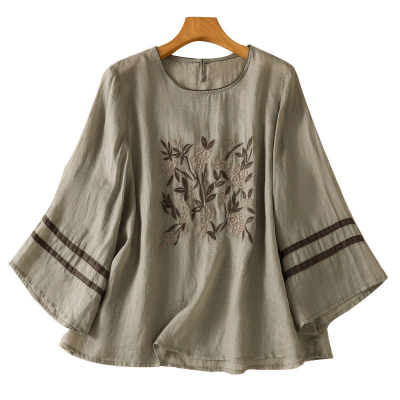 Camiseta de algodón para mujer con bordado floral retro de Buddha Stones, manga tres cuartos - image 15