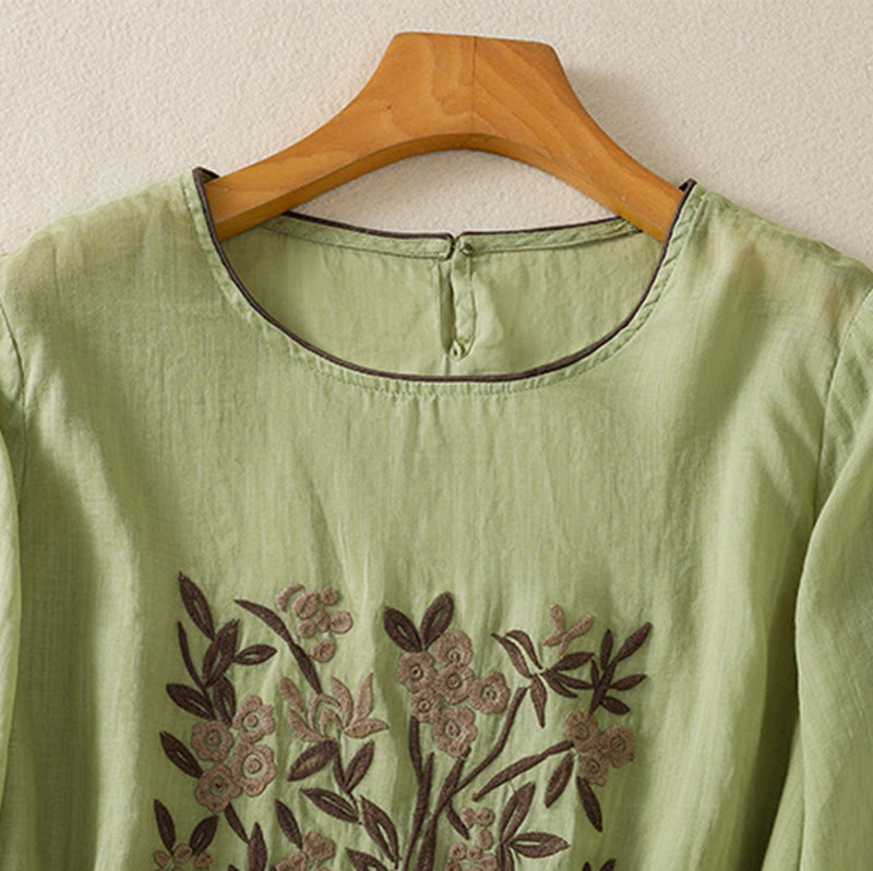 Camiseta de algodón para mujer con bordado floral retro de Buddha Stones, manga tres cuartos - image 18