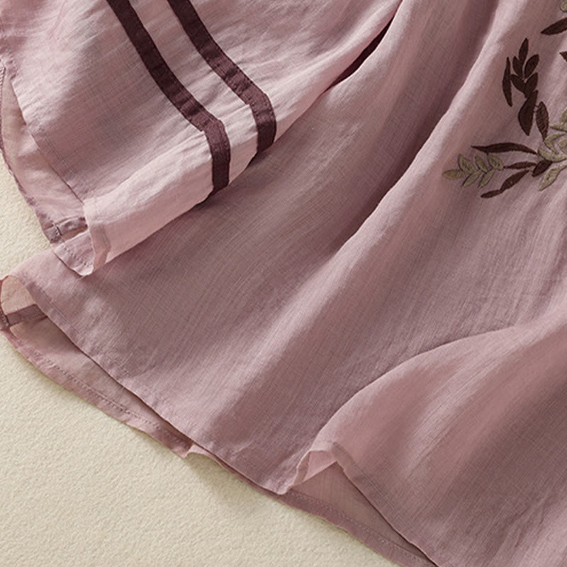 Camiseta de algodón para mujer con bordado floral retro de Buddha Stones, manga tres cuartos - image 30