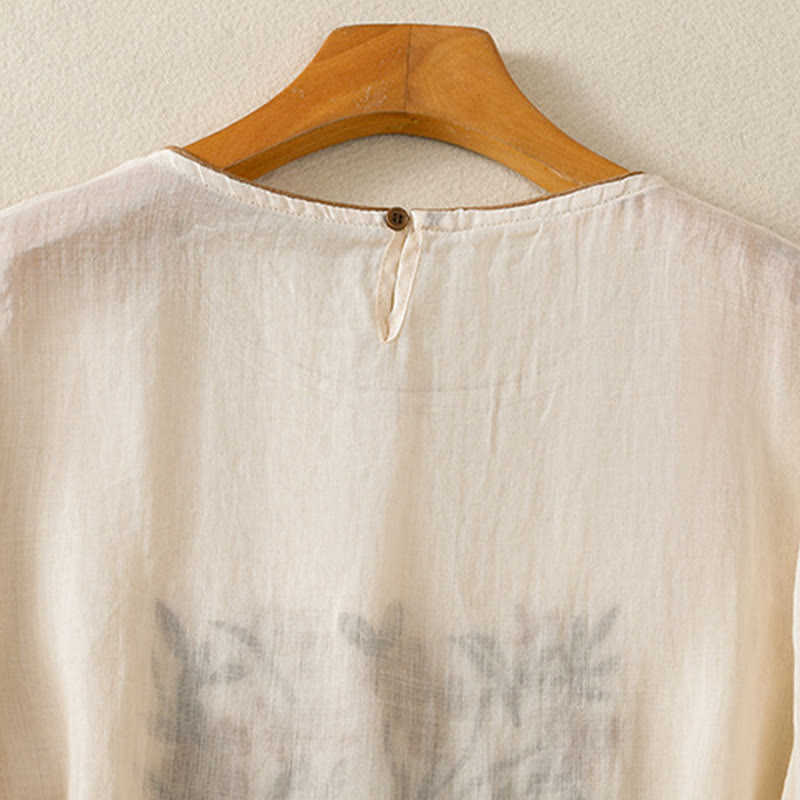 Camiseta de algodón de manga tres cuartos para mujer con bordado floral retro de Buddha Stones - image 4