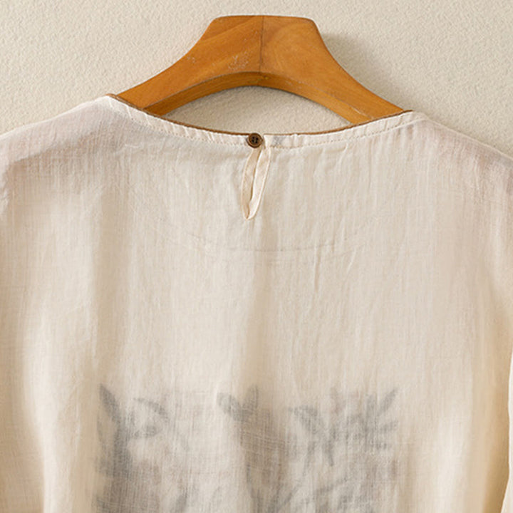 Camiseta de algodón de manga tres cuartos para mujer con bordado floral retro de Buddha Stones - image 4