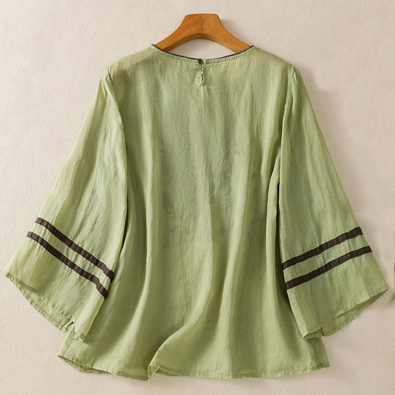 Camiseta de algodón para mujer con bordado floral retro de Buddha Stones, manga tres cuartos - image 17