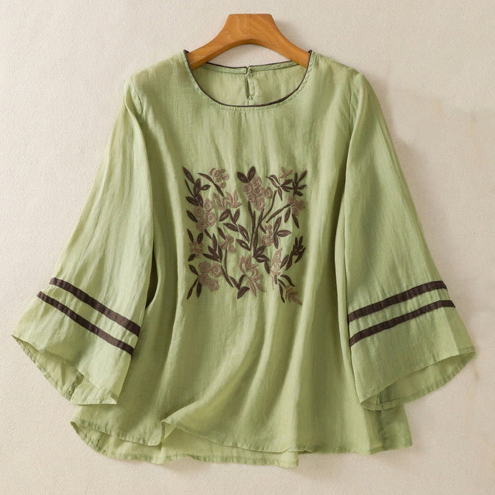 Camiseta de algodón de manga tres cuartos para mujer con bordado floral retro de Buddha Stones - Verde claro - US14，UK/AU18，EU46 (2XL) - image 16
