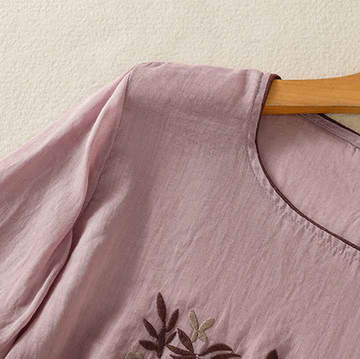 Camiseta de algodón de manga tres cuartos para mujer con bordado floral retro de Buddha Stones - image 26