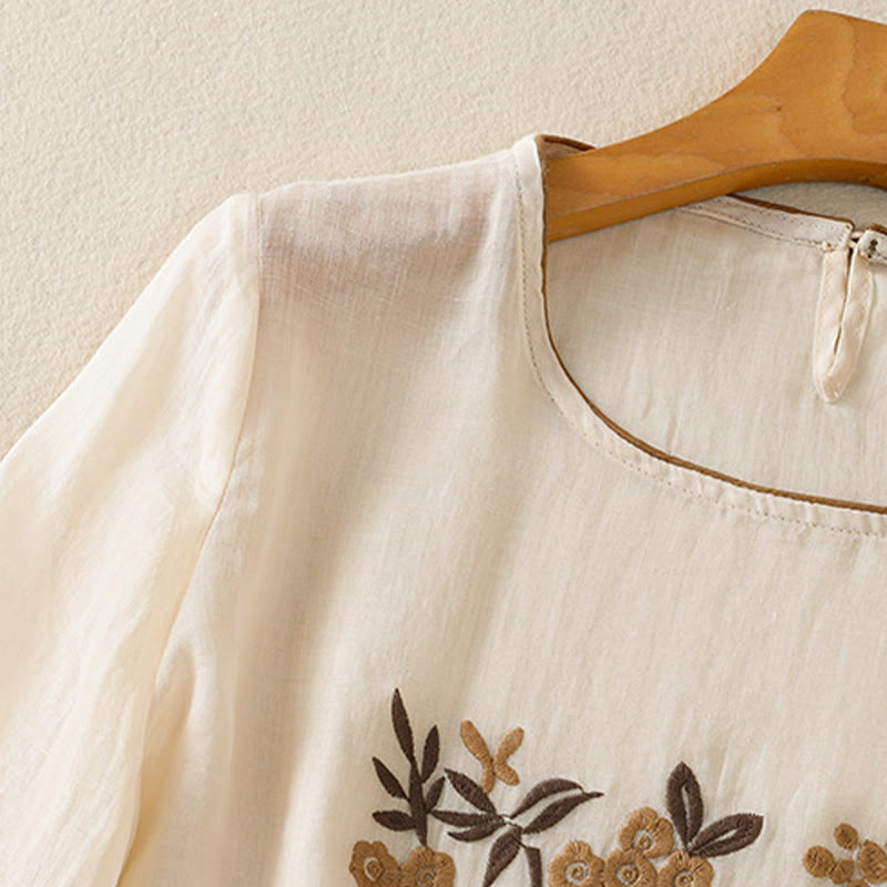 Camiseta de algodón para mujer con bordado floral retro de Buddha Stones, manga tres cuartos - image 3