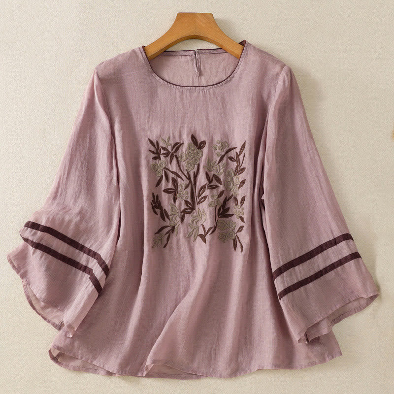 Camiseta de algodón para mujer con bordado floral retro de Buddha Stones, manga tres cuartos - Marrón rosado - US14，UK/AU18，EU46 (2XL) - image 23