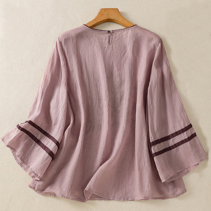 Camiseta de algodón para mujer con bordado floral retro de Buddha Stones, manga tres cuartos - image 24