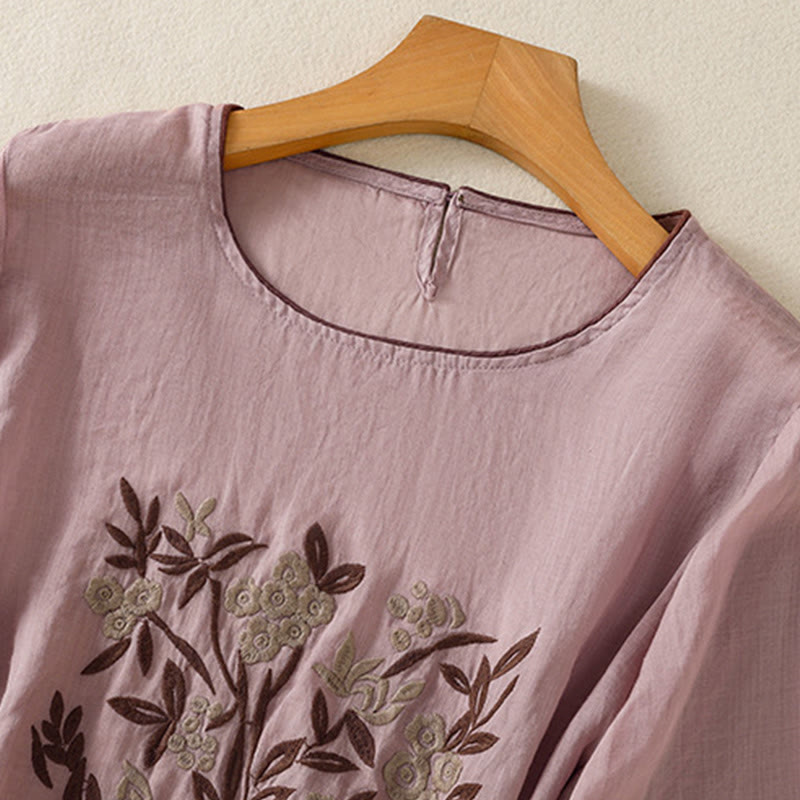 Camiseta de algodón para mujer con bordado floral retro de Buddha Stones, manga tres cuartos - image 25