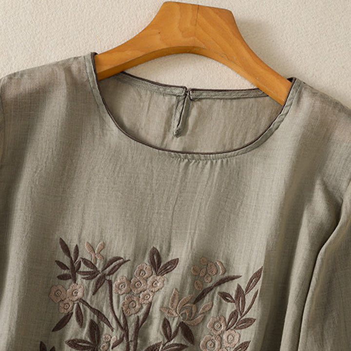 Camiseta de algodón de manga tres cuartos para mujer con bordado floral retro de Buddha Stones - image 10