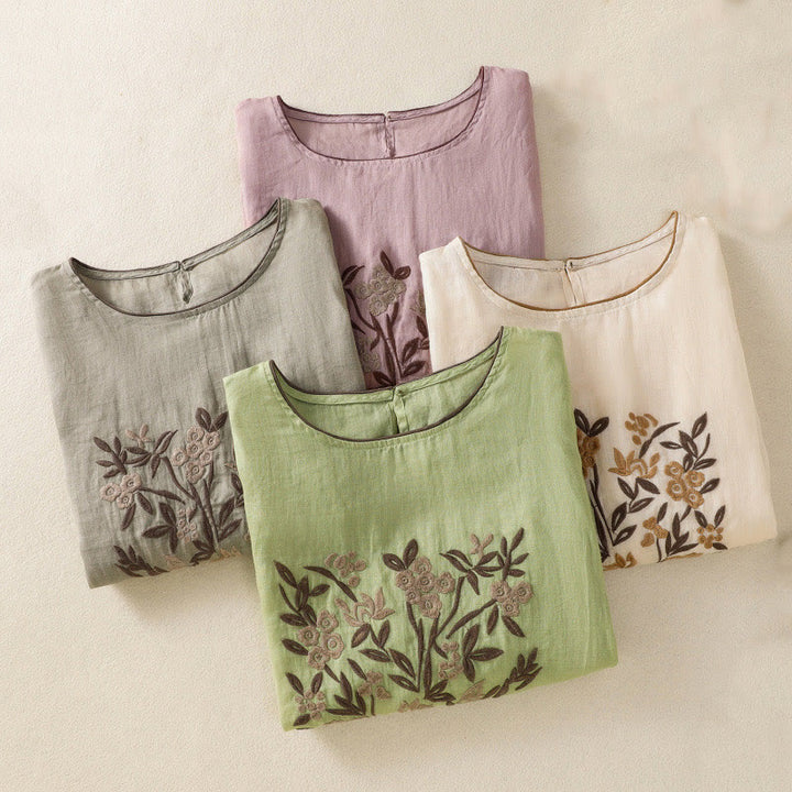 Camiseta de algodón para mujer con bordado floral retro de Buddha Stones, manga tres cuartos - image 32