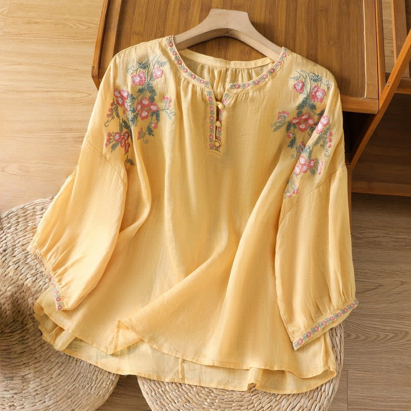 Camisa de algodón para mujer con cuello con muesca, manga tres cuartos y botones bordados con Buddha Stones - Oro - US12, UK/AU16, EU44 (2XL) - image 0