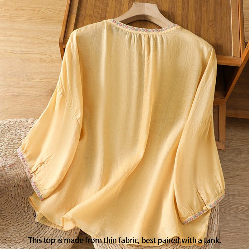 Camisa de algodón para mujer con cuello con muesca, manga tres cuartos y botones bordados con Buddha Stones - image 1